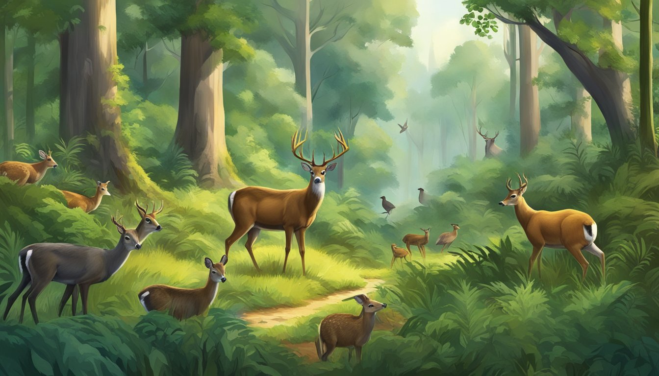 A forest clearing with diverse wildlife, including deer, birds, and small mammals, surrounded by lush vegetation and natural habitats