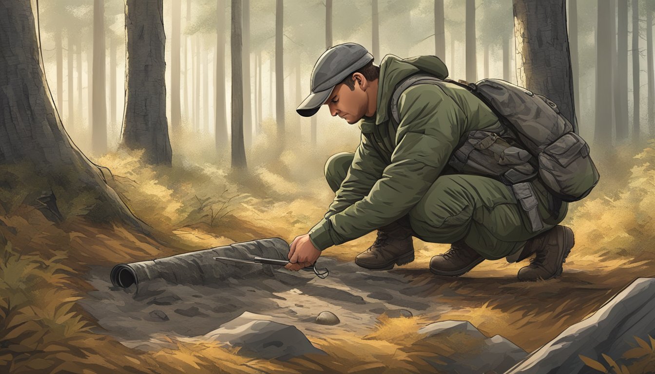 A hunter crouching in the forest, observing animal tracks and setting up a camouflage blind