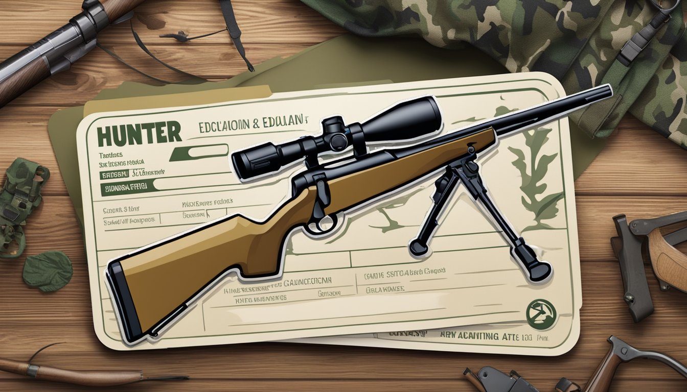 A hunter education card displayed on a wooden table with a hunting rifle and camouflage gear in the background