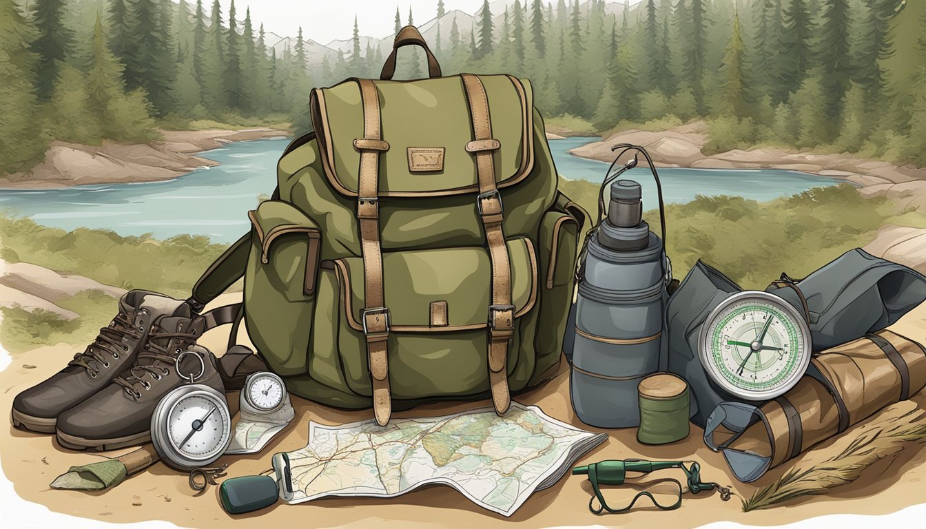 A wilderness scene with a hunter's backpack, compass, map, and survival gear laid out on the ground