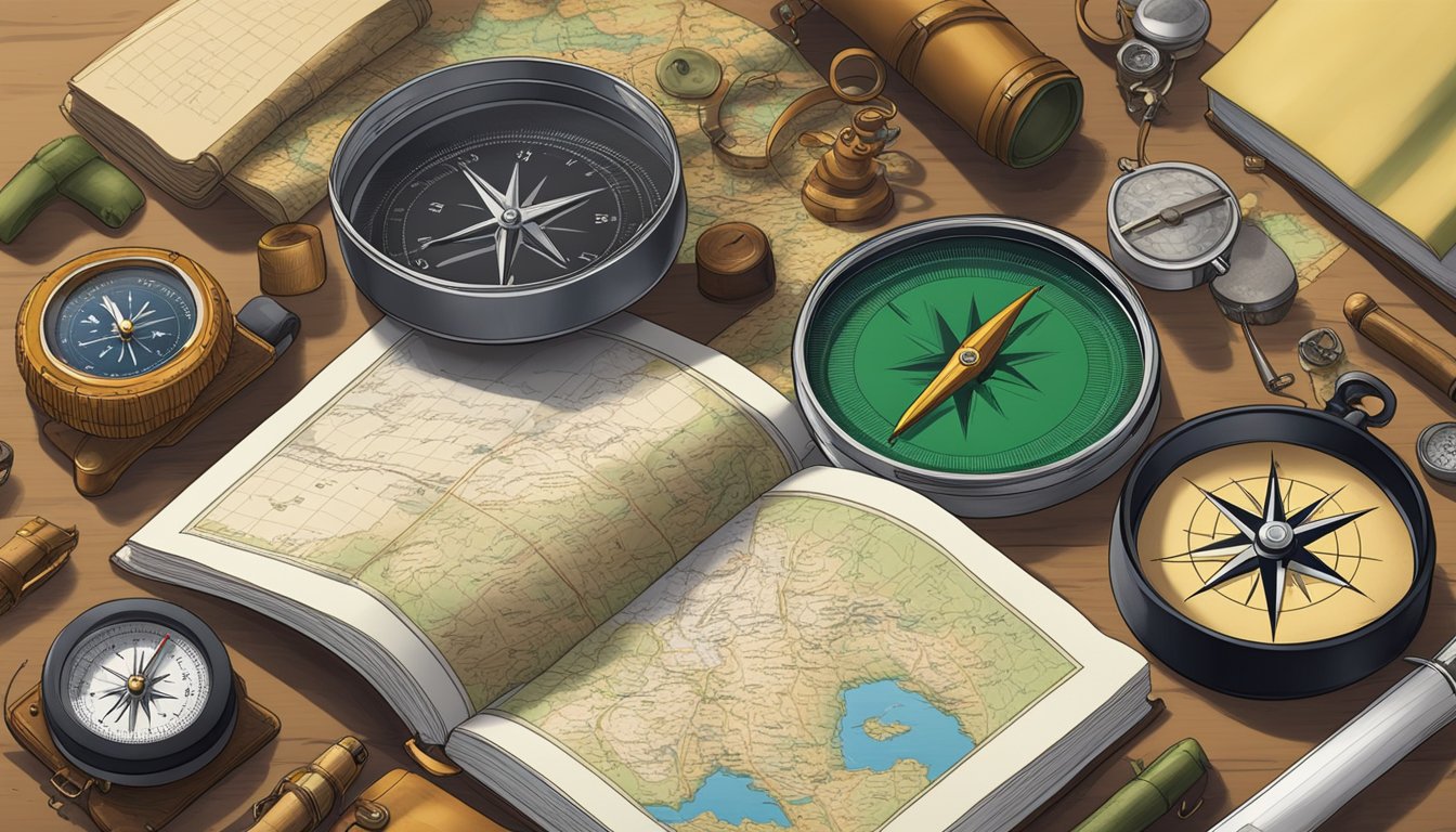 A hunter education book open on a table, surrounded by a compass, map, and hunting gear