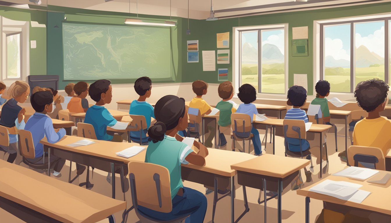 A group of students sit in a classroom, listening to an instructor teach about hunter education. Visual aids and educational materials are displayed on the walls