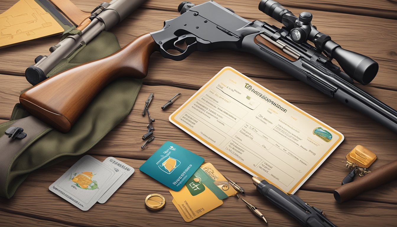 A hunter education card lying on a wooden table with a rifle and hunting gear in the background