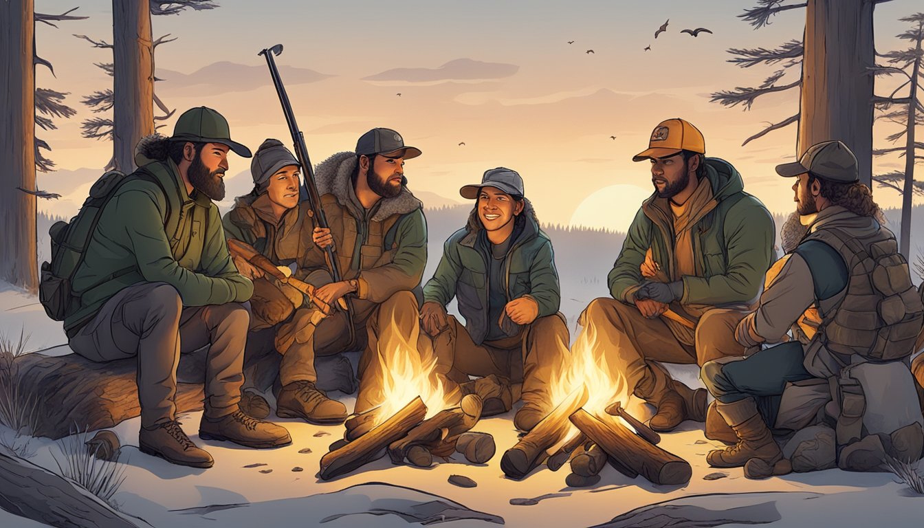 A group of diverse hunters gather around a campfire, sharing stories and experiences while preparing for a hunt