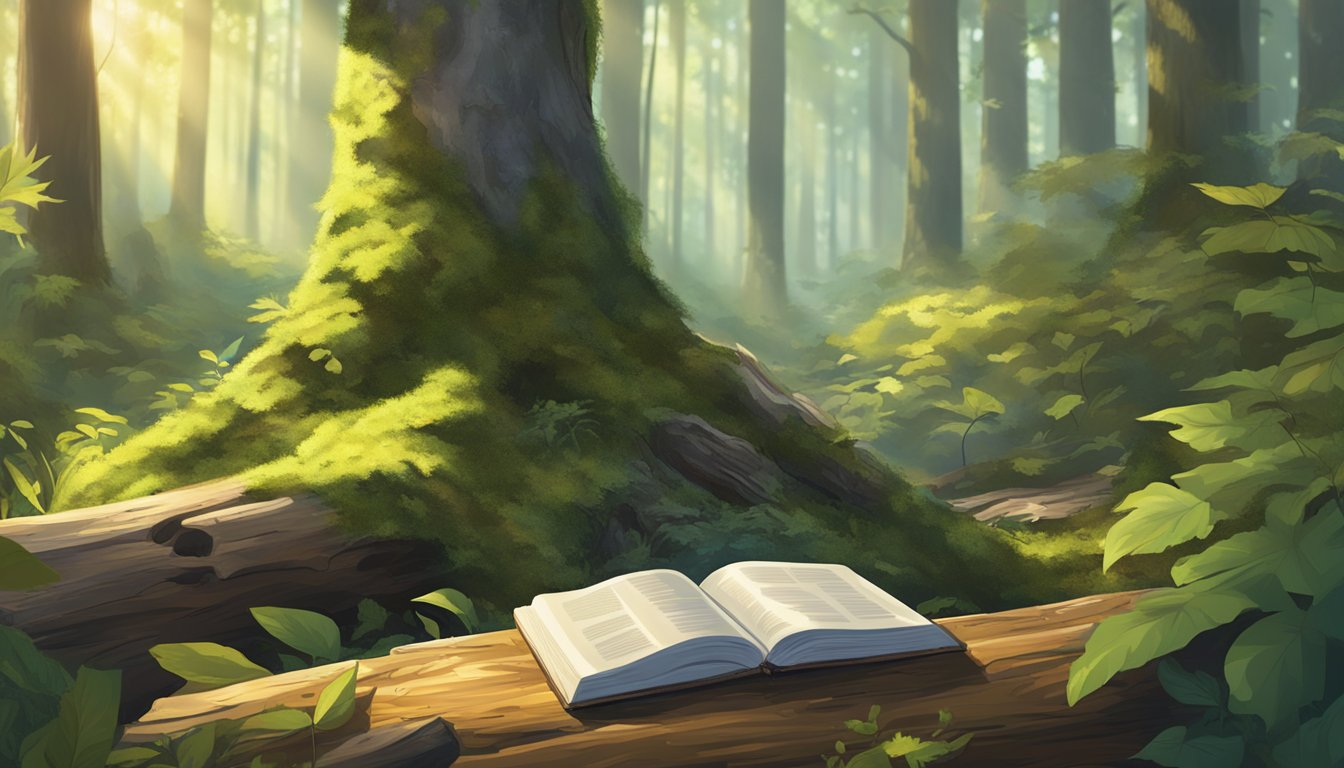 A hunter's education book lies open on a mossy log in a dense forest clearing, surrounded by scattered leaves and the dappled sunlight filtering through the trees