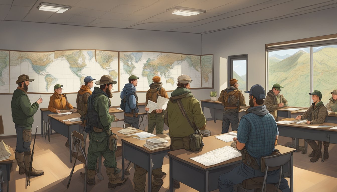 A group of hunters gather in a classroom, surrounded by maps, hunting gear, and educational materials. An instructor leads a discussion at the front of the room