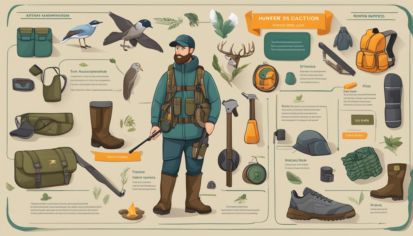 A hunter's education card surrounded by images of safety gear and responsible hunting practices