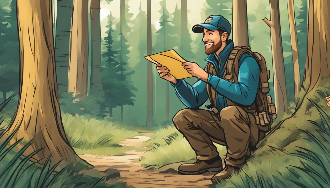 A hunter kneeling in a forest, holding up their hunter education certificate with a proud smile. The surrounding trees and wildlife indicate a peaceful natural setting