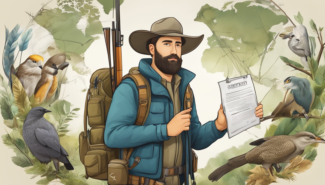 A hunter holding a certificate, surrounded by outdoor gear and wildlife imagery, with a focus on safety and responsibility symbols