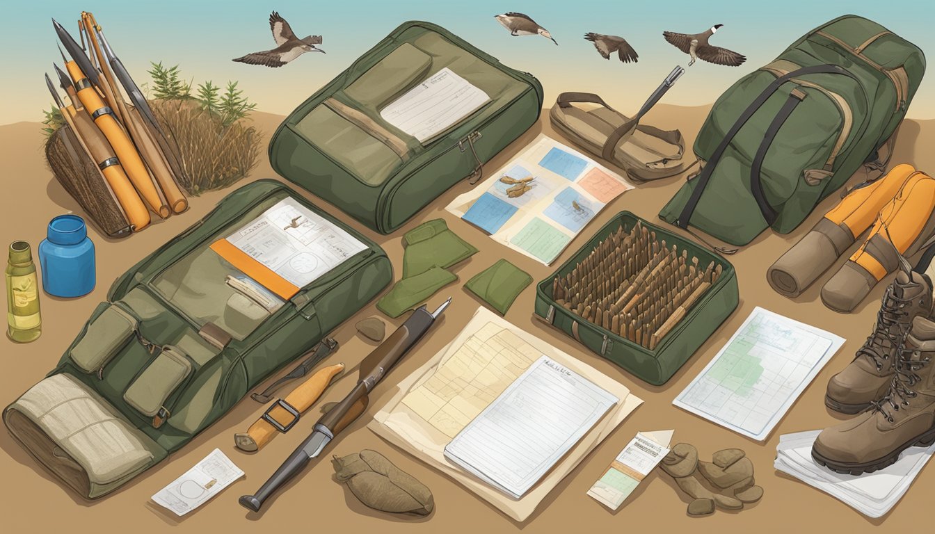 A hunter's education card surrounded by hunting gear and wildlife tracks