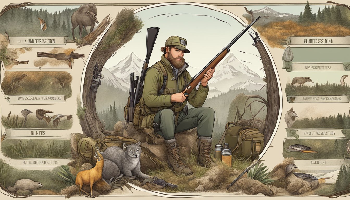 A hunter education card surrounded by hunting gear and wildlife illustrations