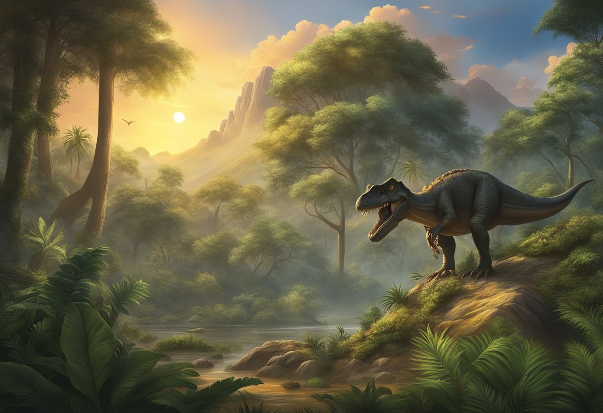 Dinosaures apareixent en un paisatge prehistòric amb vegetació exuberant i arbres alts, mentre el sol es pon projectant una llum càlida sobre l'escena