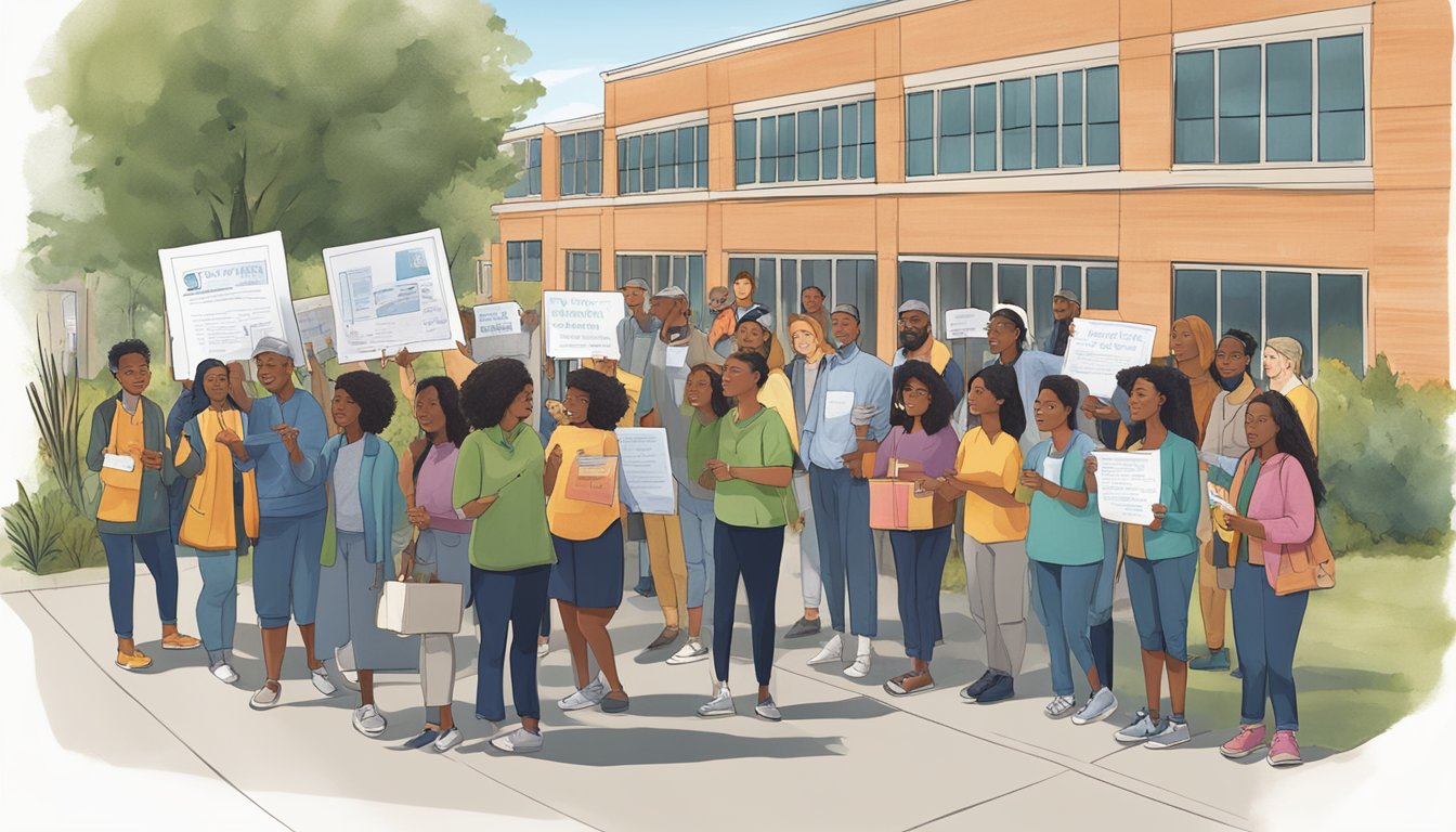 A group of people gather outside a hunter education building, holding signs and engaging in community involvement and advocacy