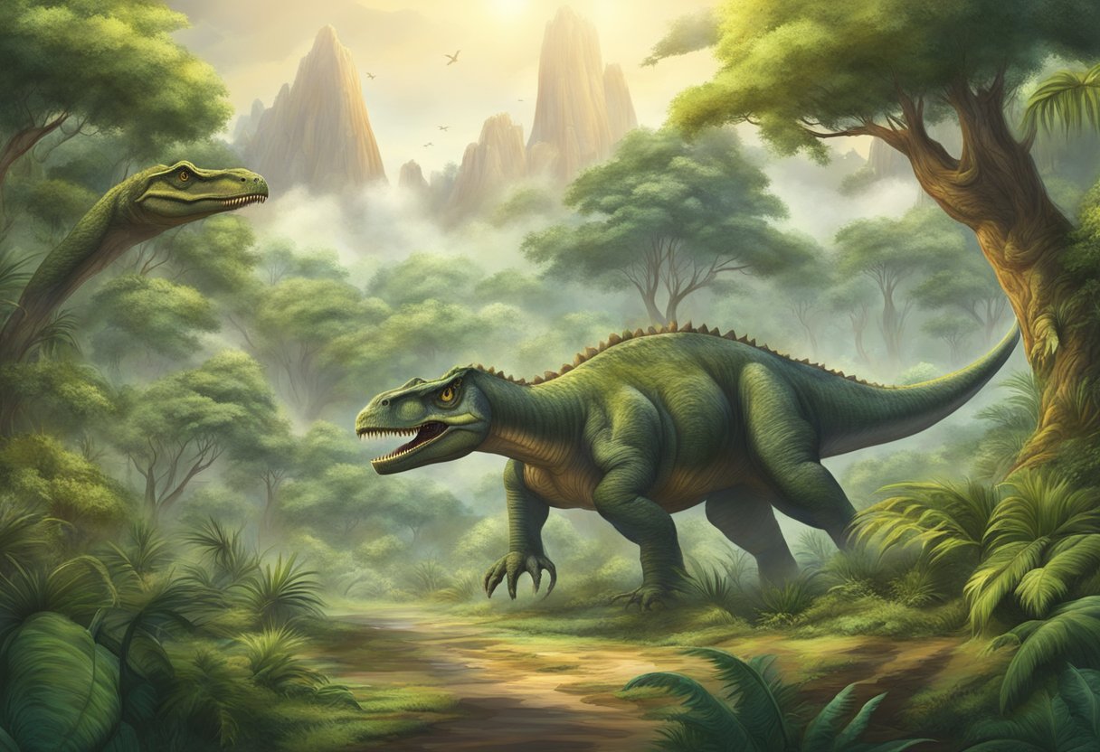 Un paisatge prehistòric amb dinosaures gegants que vaguen entre una vegetació exuberant i arbres antics