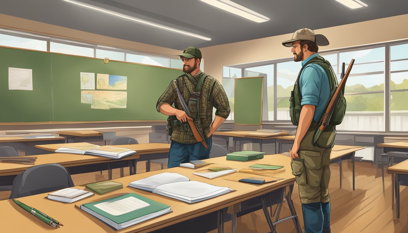 A hunter standing in a classroom, surrounded by educational materials and equipment, while an instructor demonstrates proper hunting techniques