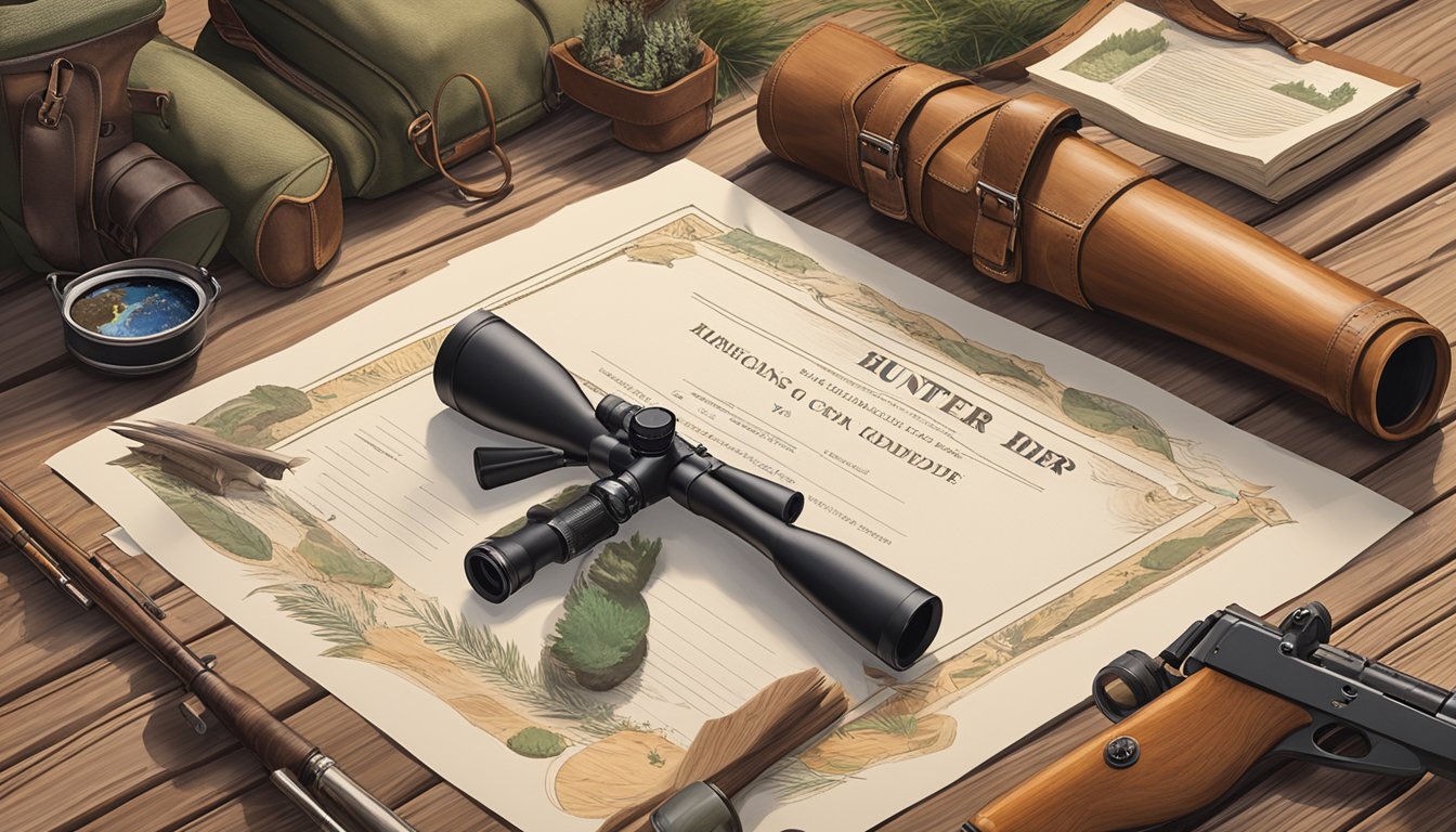 A hunter education certificate displayed on a rustic wooden table with a hunting rifle, binoculars, and wildlife field guide nearby