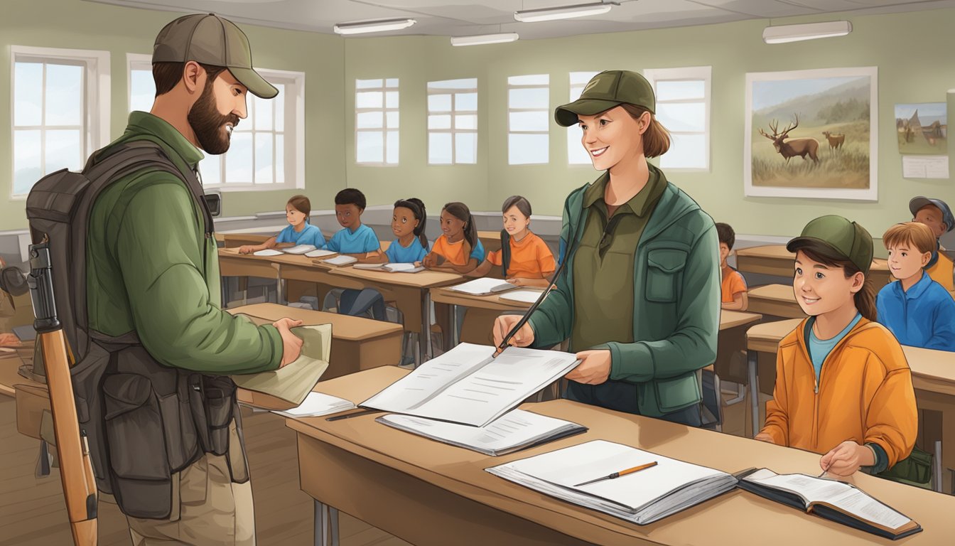 A hunter education instructor presenting a certificate to a student in a classroom filled with hunting gear and educational materials