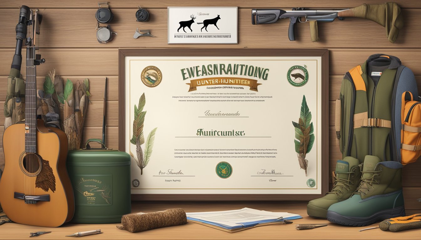 A hunter education certificate displayed on a wall, surrounded by hunting gear and wildlife illustrations