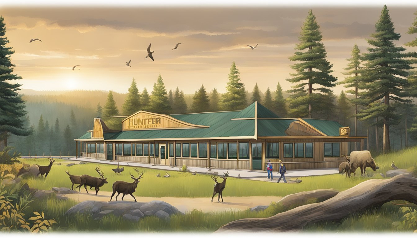 A hunter education center surrounded by local and state partnership logos, set against a natural backdrop with trees and wildlife