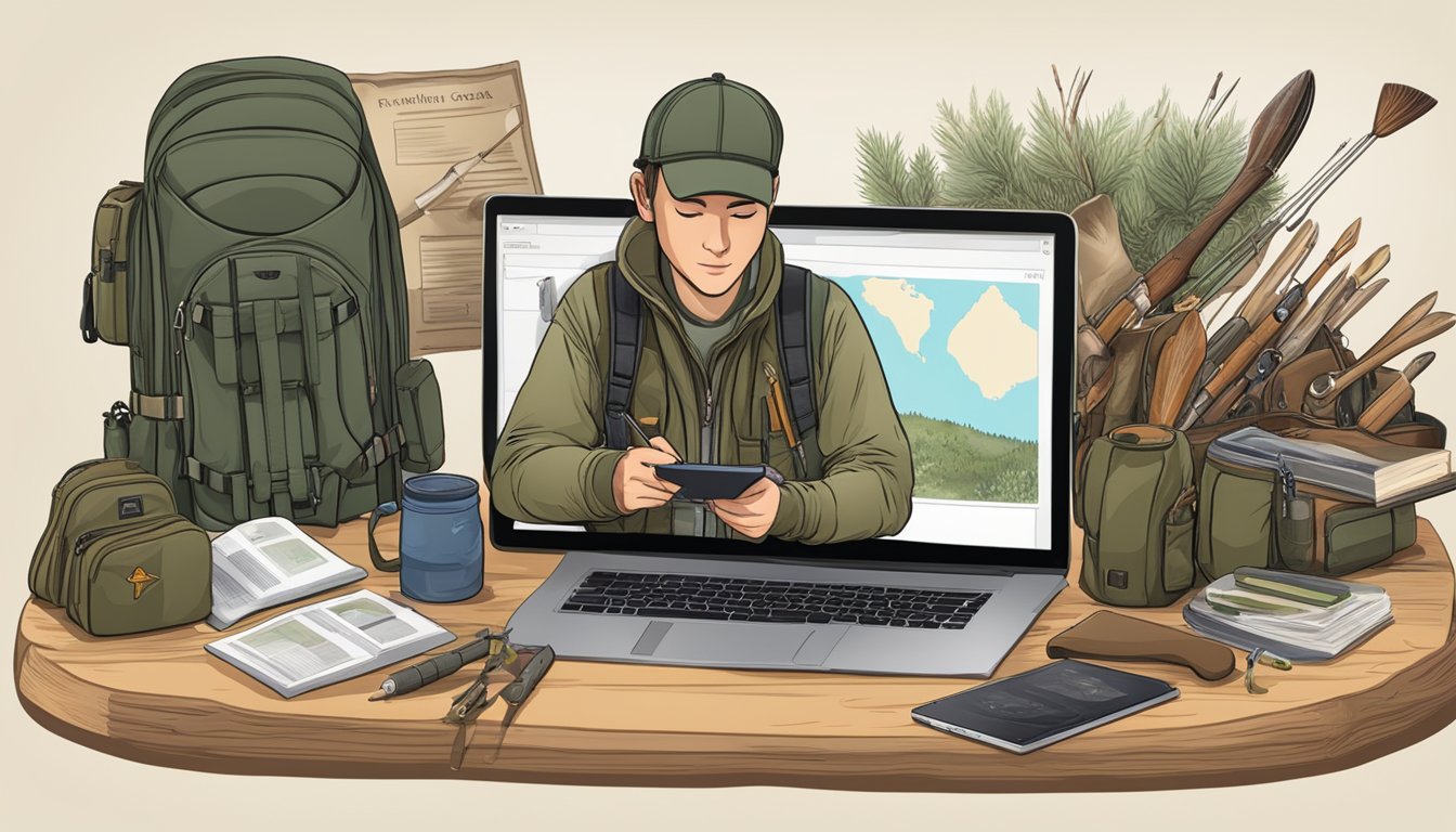 A person completing a hunter education course online, surrounded by hunting gear and educational materials