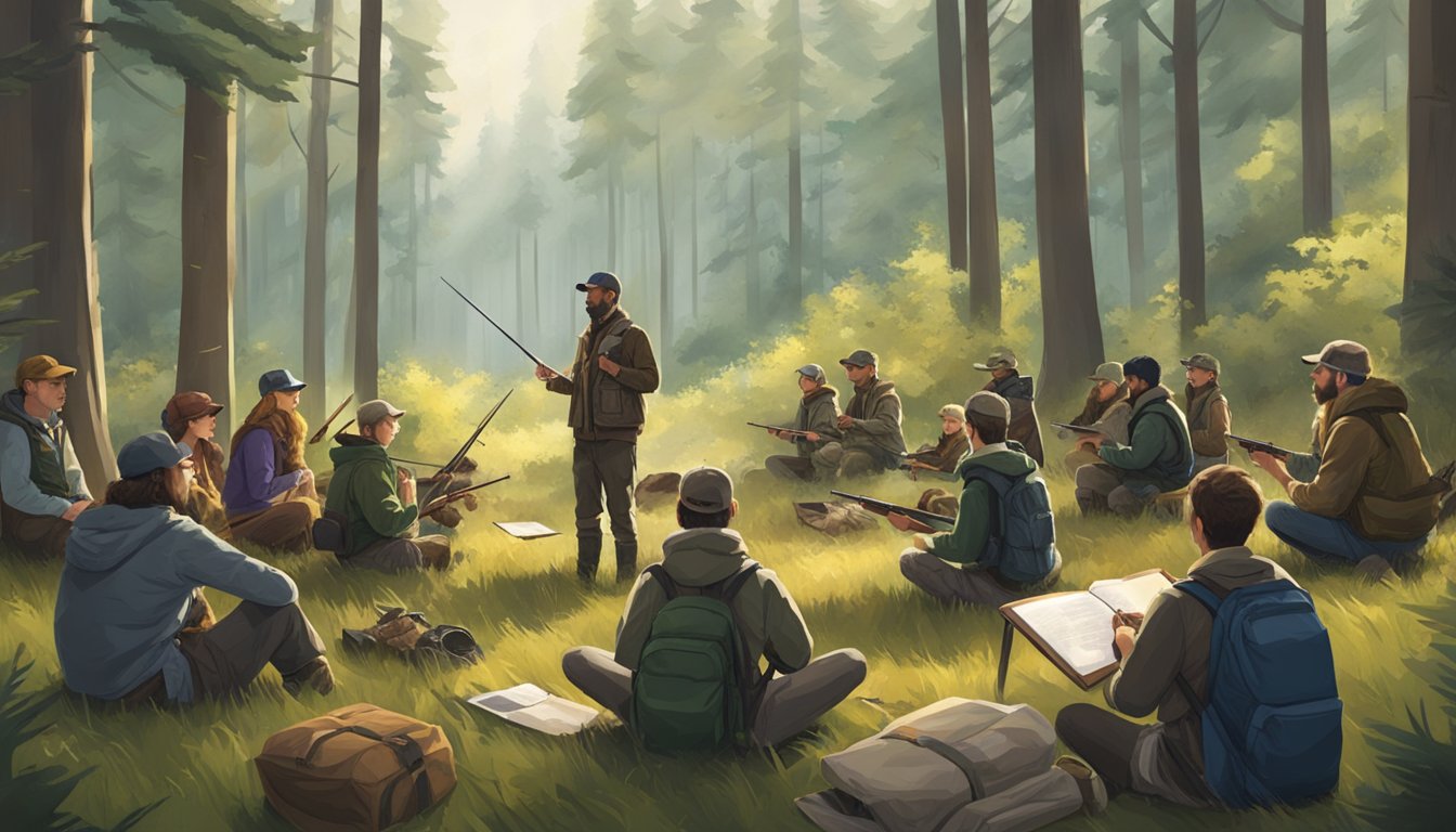 A hunter education instructor teaching a class in a forest clearing, surrounded by students and various hunting gear