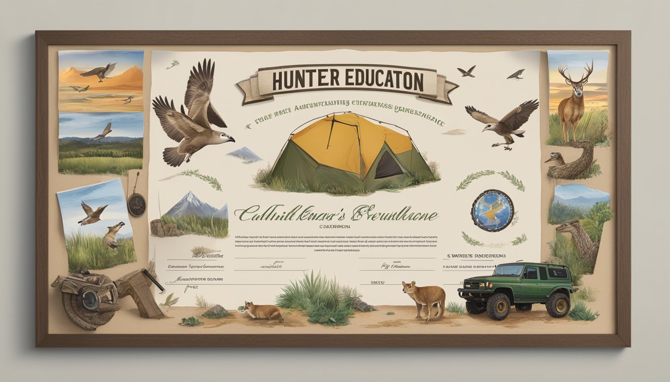 A hunter's education certificate displayed on a wall, surrounded by outdoor gear and wildlife imagery