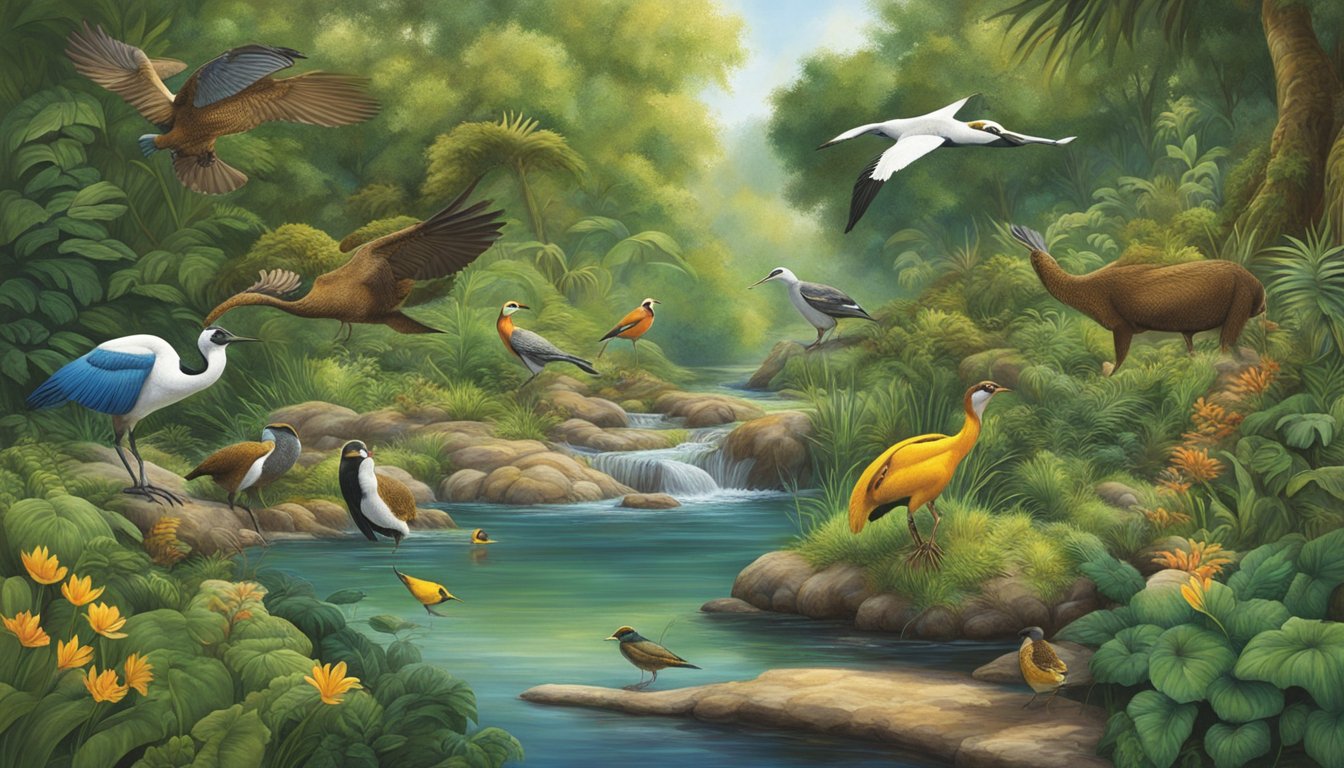 A diverse array of wildlife, including birds, mammals, and reptiles, is depicted in their natural habitats, surrounded by lush vegetation and flowing waterways