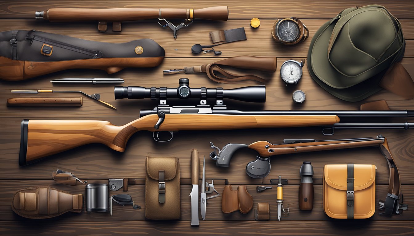 A group of diverse hunting tools and equipment displayed on a wooden table