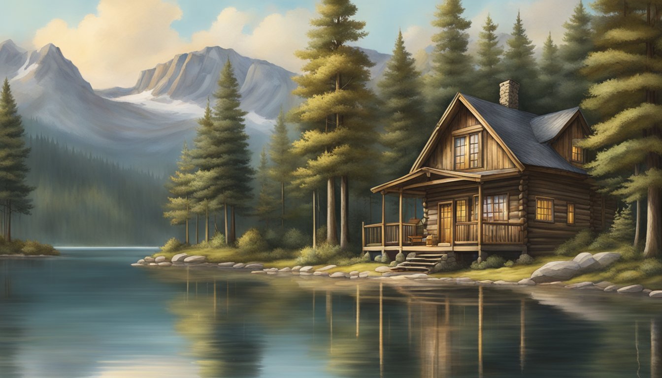 A rustic cabin nestled in the woods, surrounded by towering trees and a serene lake, with a bow and arrow displayed prominently on the front porch