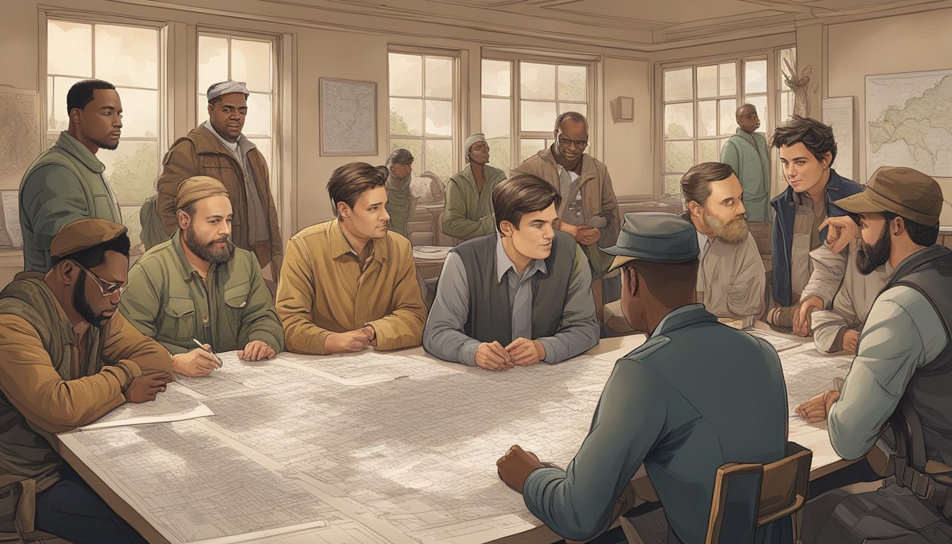 A group of diverse individuals gather around a table, discussing and planning educational initiatives. Charts and maps adorn the walls, symbolizing the importance of knowledge and preparation in hunting