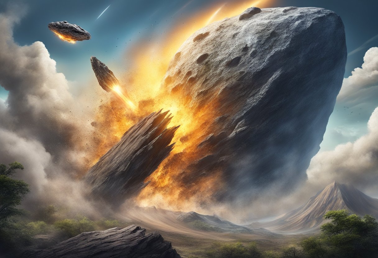 Un asteroide massiu es dirigeix cap a la Terra, causant caos i destrucció mentre xoca contra el planeta, conduint a l'extinció dels dinosaures.