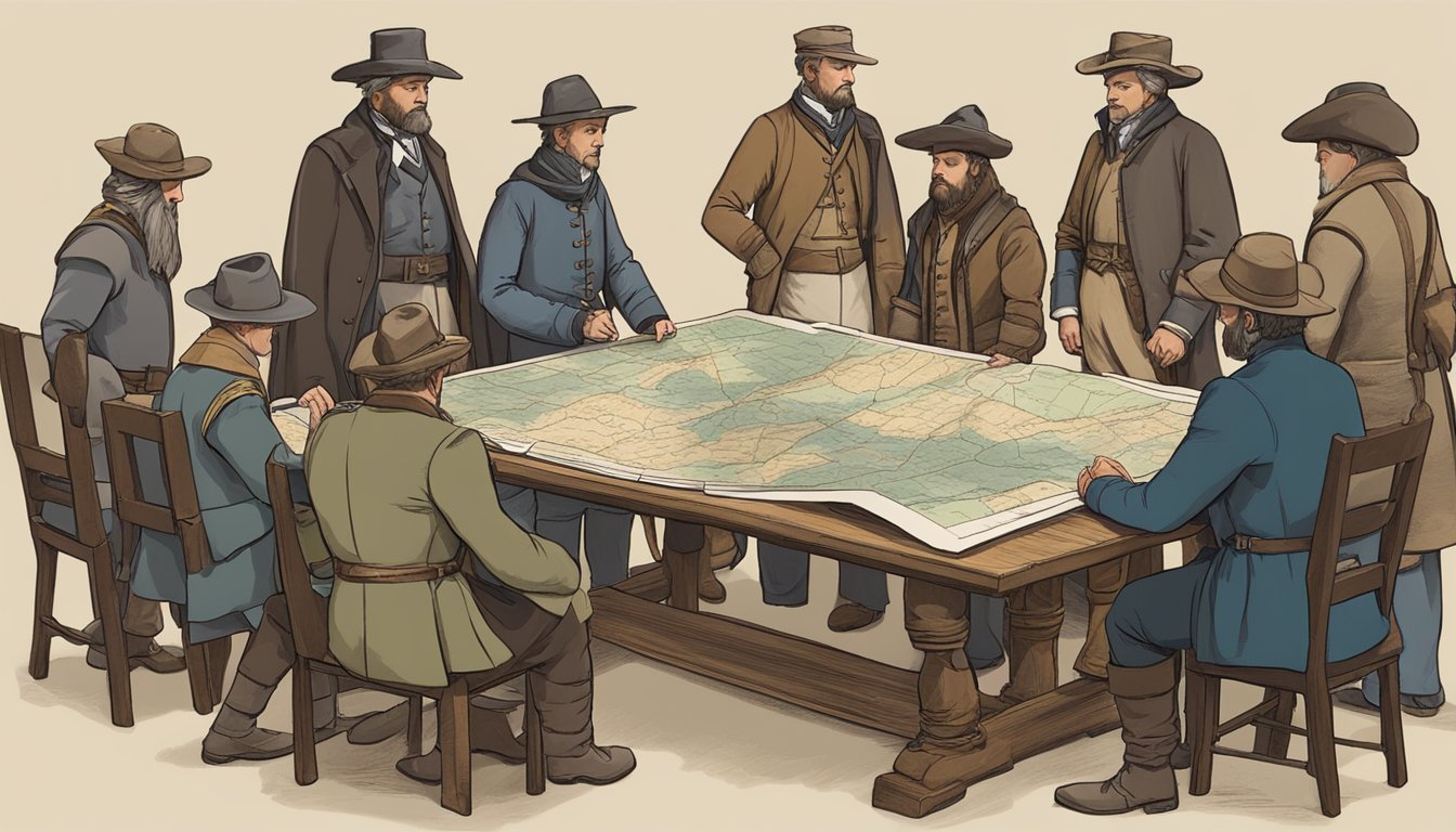 A group of people in historical clothing gather around a table displaying maps and documents, discussing hunter education commission plans for the year