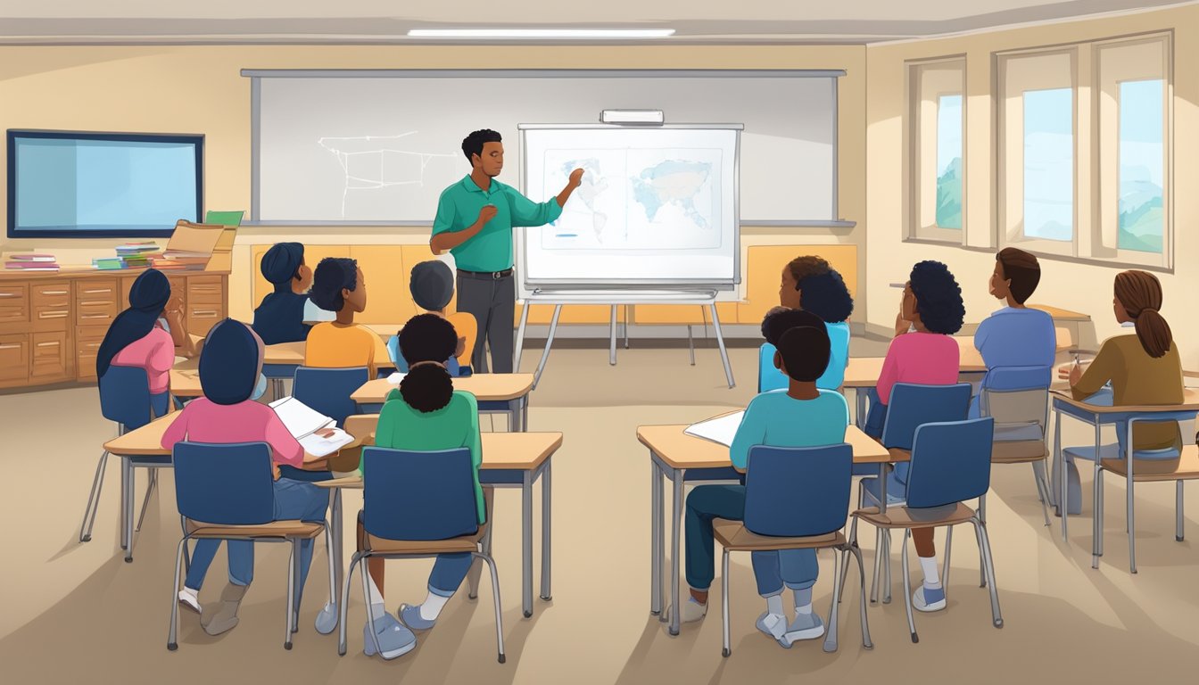 A classroom setting with educational materials, a whiteboard, and a group of students listening to an instructor discussing legal requirements and state regulations for hunter education