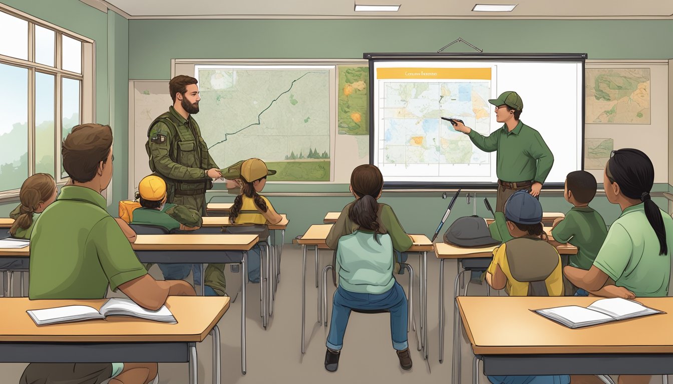 A classroom setting with a hunter education instructor teaching students about safety and ethics. Display hunting gear and educational materials