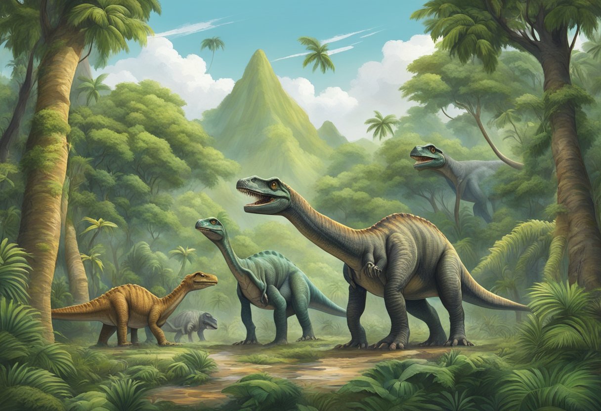 Un grup de dinosaures es troba en un paisatge prehistòric, amb arbres gegants i una vegetació exuberant que els envolta. Varien en mida i espècie, creant una escena diversa i captivadora.