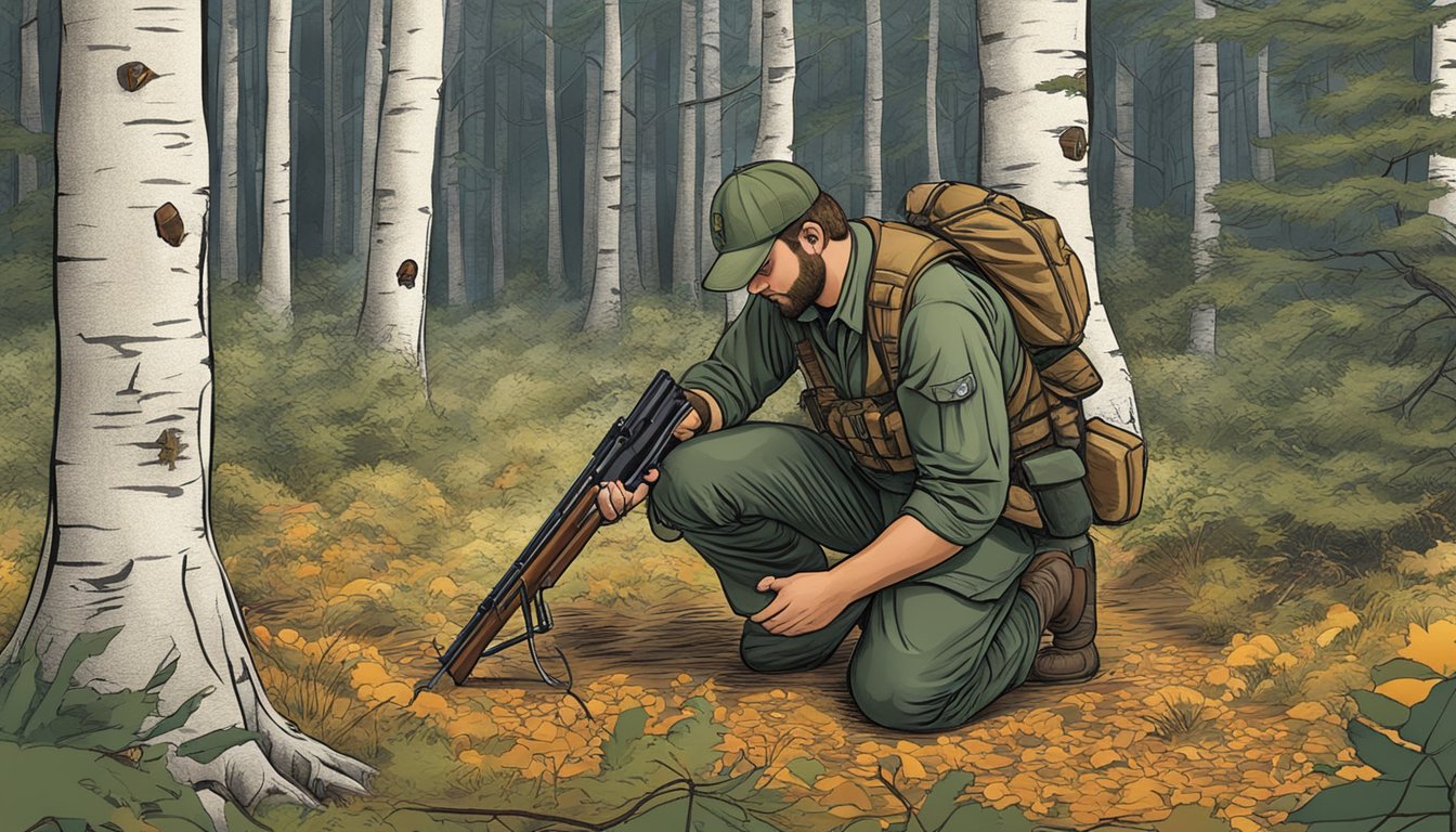 A hunter kneeling in a forest, identifying animal tracks, setting up a hunting blind, and demonstrating firearm safety