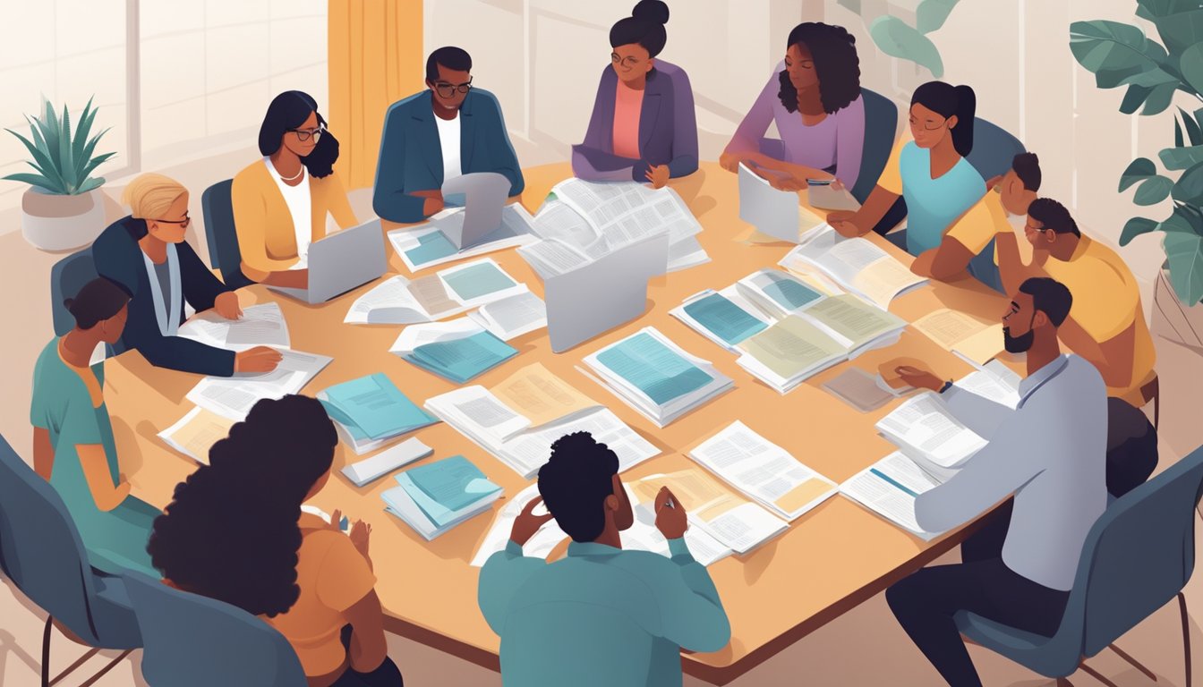 A group of diverse individuals gather around a large table, engaged in discussions and planning, surrounded by educational materials and resources