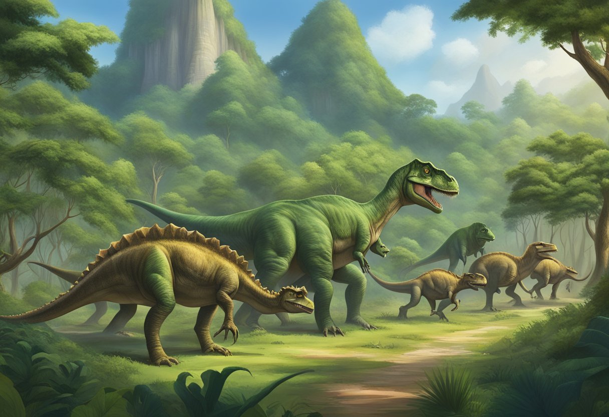 Un grup de dinosaures deambulen per un paisatge prehistòric, amb arbres alts i un entorn verd i exuberant que els envolta.