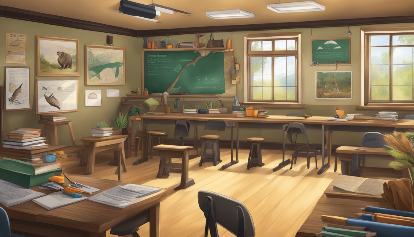 A classroom with hunting gear, wildlife posters, and educational materials