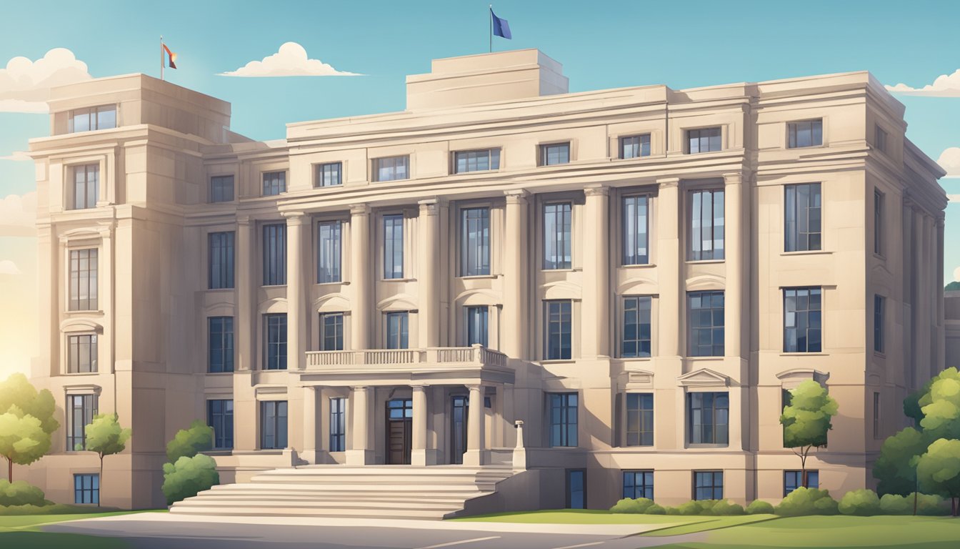 A university building with a government office next to it, surrounded by books and educational materials