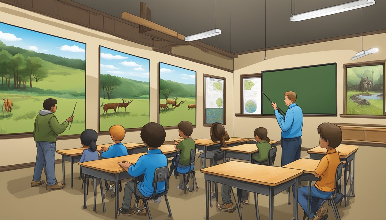 A classroom setting with a teacher instructing students on hunter education course components. Outdoor and hunting-related visuals are displayed on the walls