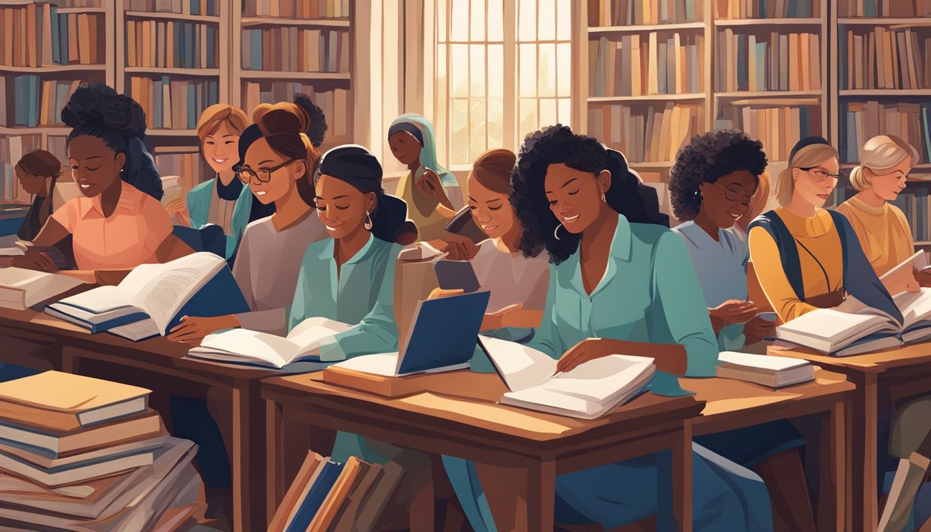 A group of women of various ages engaged in formal education, surrounded by books, pens, and educational materials. The scene exudes a sense of empowerment and progress