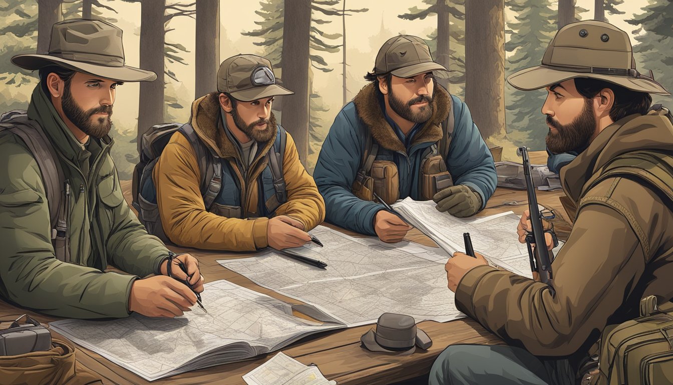 A group of hunters gather around a table, studying maps and discussing strategies for their next expedition. A variety of hunting gear and equipment is spread out on the table