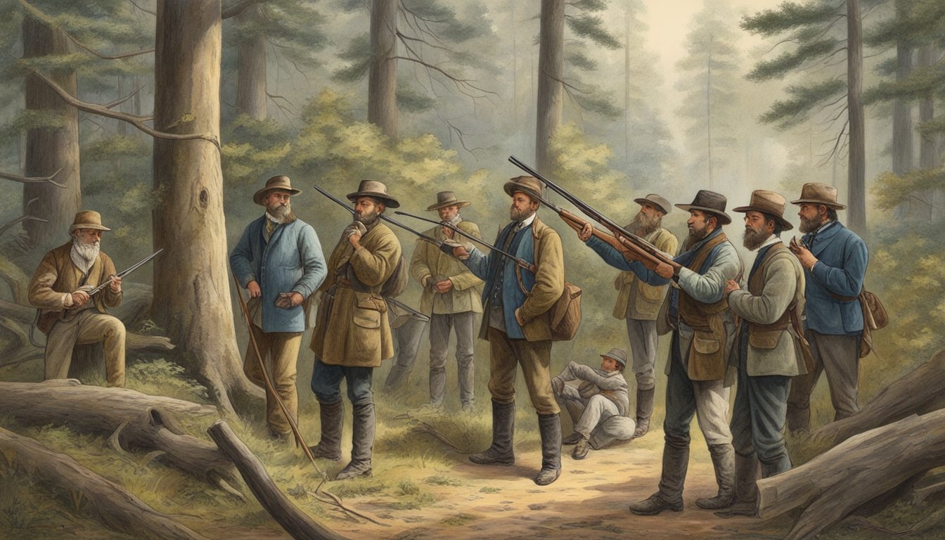 A group of hunters receiving education from a commission in 1882-1883, with instructors demonstrating hunting techniques and safety measures in a forest setting