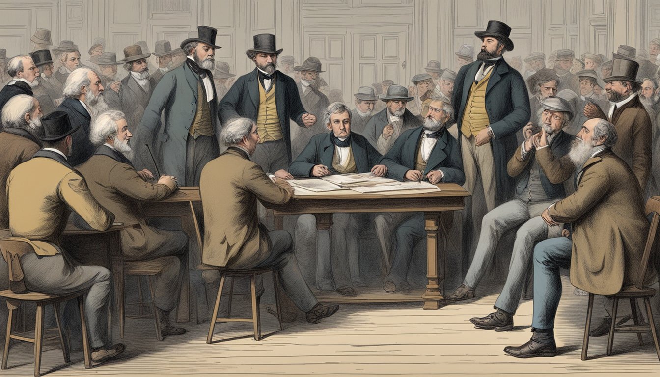 A group of people debating and critiquing the hunter education commission in a 19th-century setting