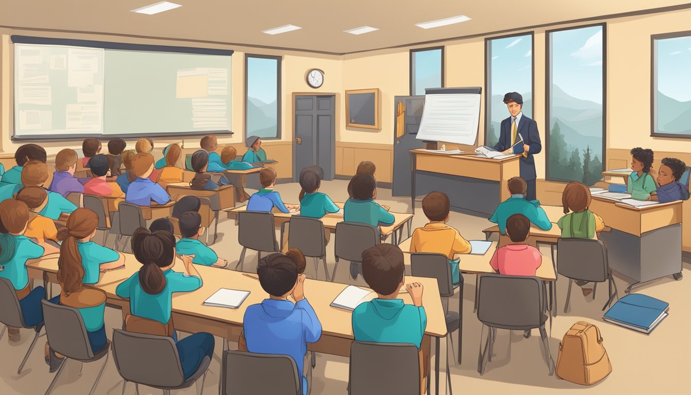 A classroom filled with students listening to an instructor discuss regulations and legal considerations for the hunter education course