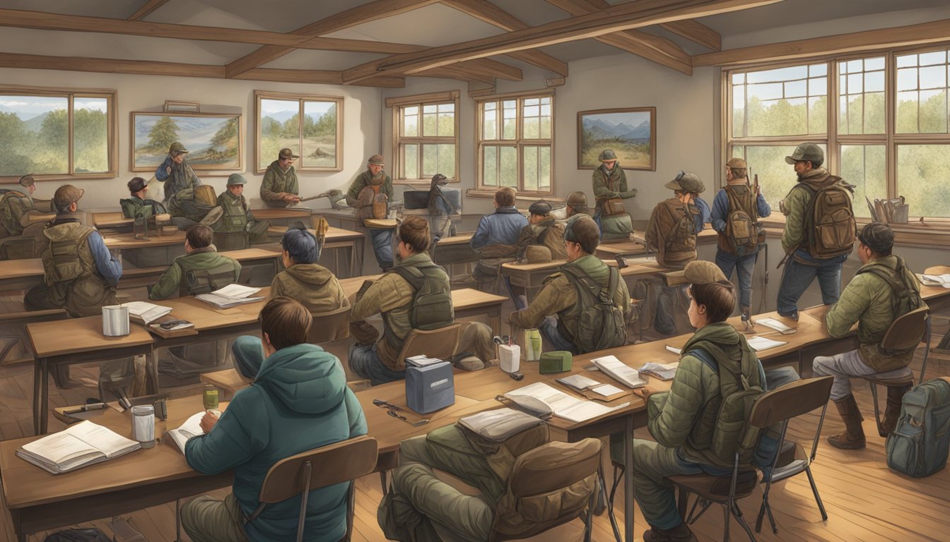 A classroom with hunting gear, educational materials, and a group of students participating in an advanced hunter education course