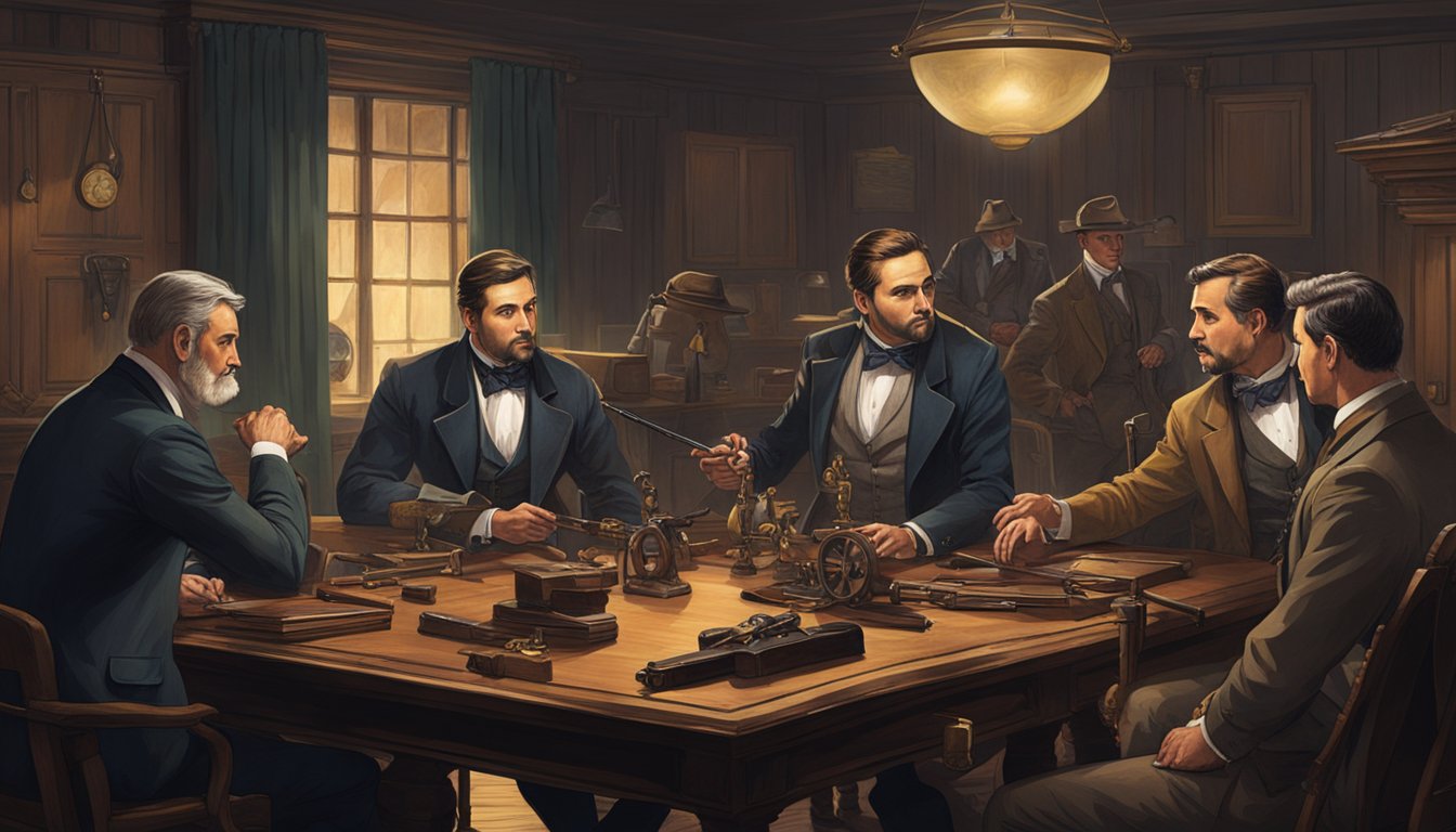 A group of men in formal attire discuss hunting regulations around a large wooden table in a dimly lit room adorned with antique hunting gear