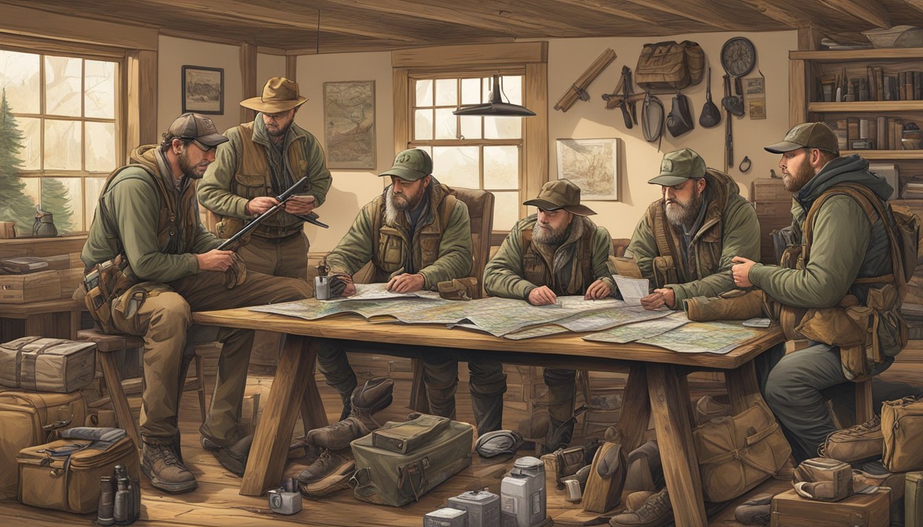 A group of hunters gather around a table, studying maps, compasses, and GPS devices. Rifles and hunting gear are scattered around the room