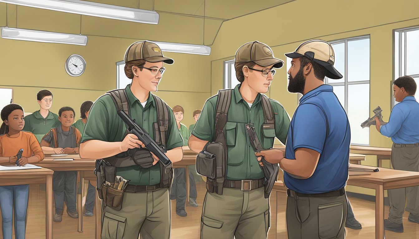 A hunter education instructor guiding a student through firearm safety and wildlife conservation training in a classroom setting